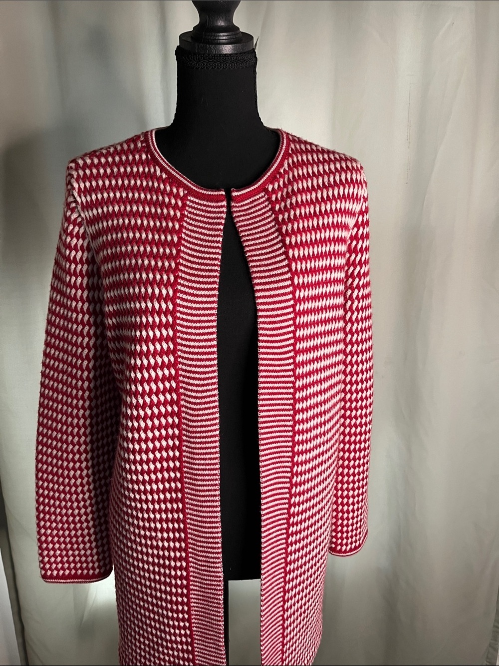 Talbots Red and White Knit Open Front Long Cardigan - Merino Wool Petite